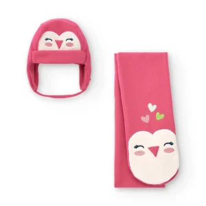 Set de gorro y bufanda rosa con diseño de pajarito para niña de la colección Freezy