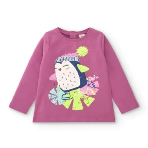 Camiseta de manga larga color rosa con estampado de pingüino patinador para niña de la colección Freezy