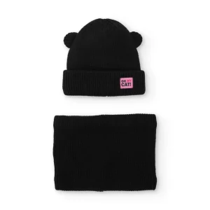 Set de gorro y braga de niña en punto negro con orejitas
