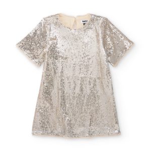 Vestido de niña en color plata con lentejuelas y manga corta