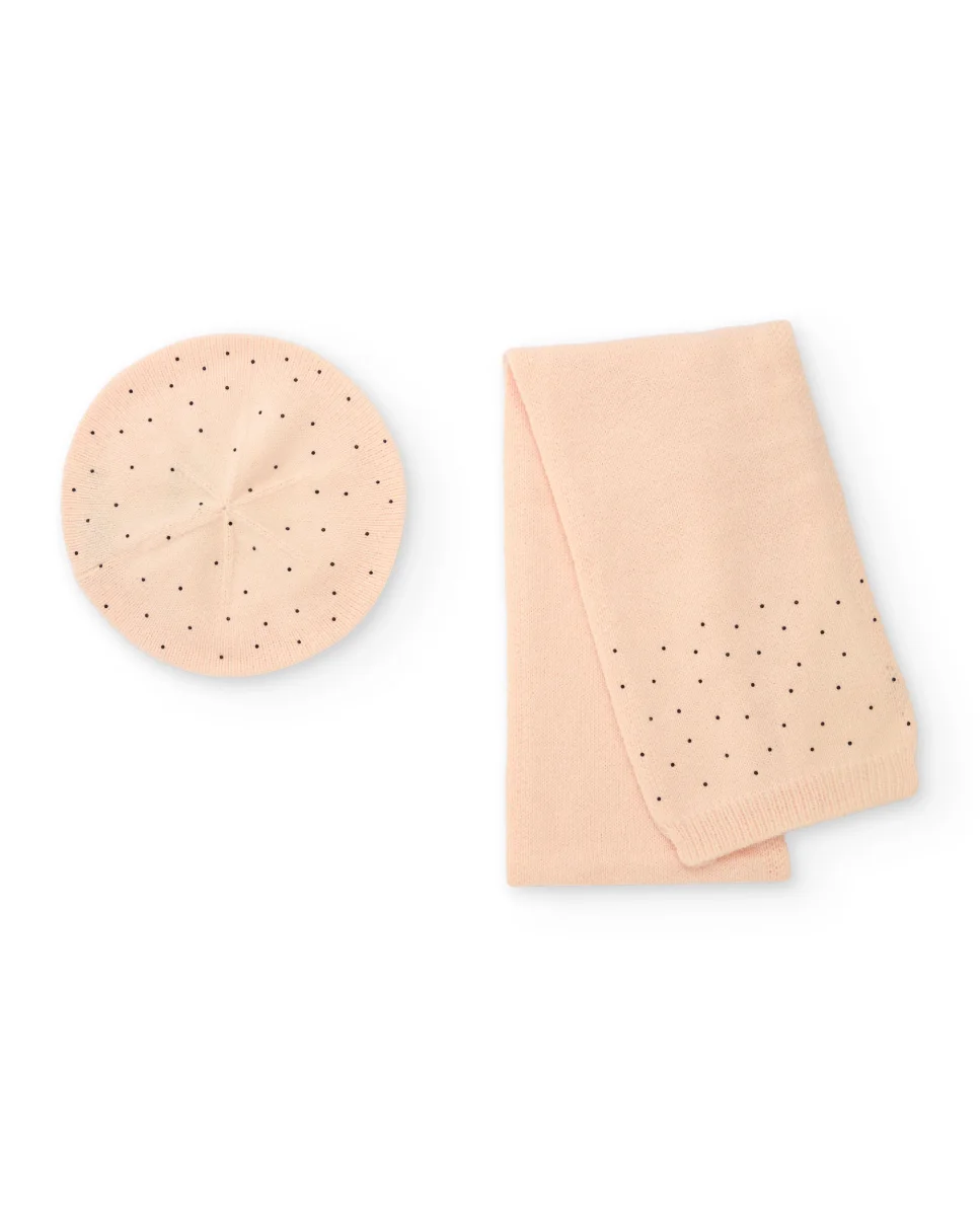 Set de niña con boina y bufanda en rosa con topos