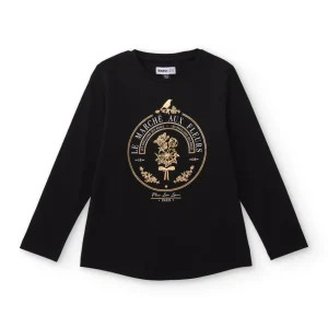 Camiseta negra de manga larga para niña con estampado dorado