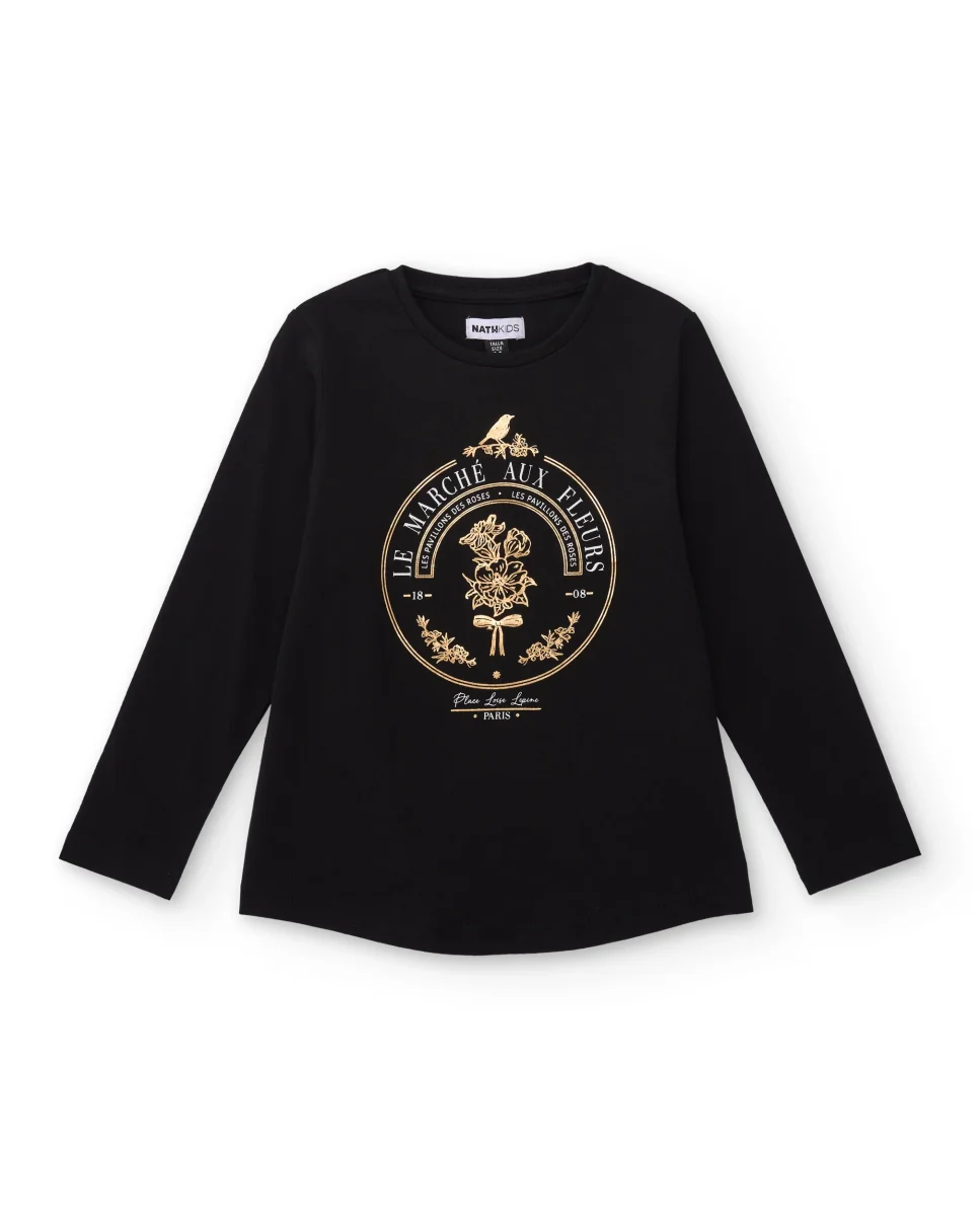 Camiseta negra de manga larga para niña con estampado dorado - Imagen 2