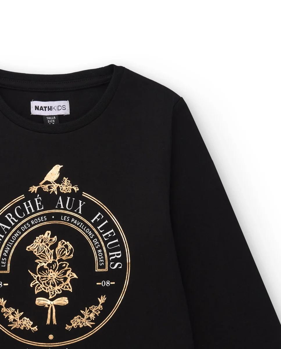 Camiseta negra de manga larga para niña con estampado dorado - Imagen 4