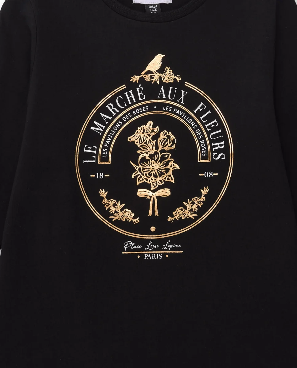 Camiseta negra de manga larga para niña con estampado dorado - Imagen 5