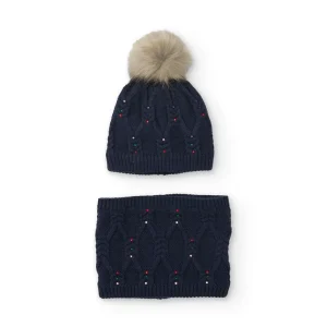 Conjunto de gorro y braga de niña en punto azul marino con pompón de pelo