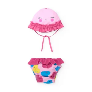 Conjunto de baño para recién nacida con volante y gorrito protector UPF 50+