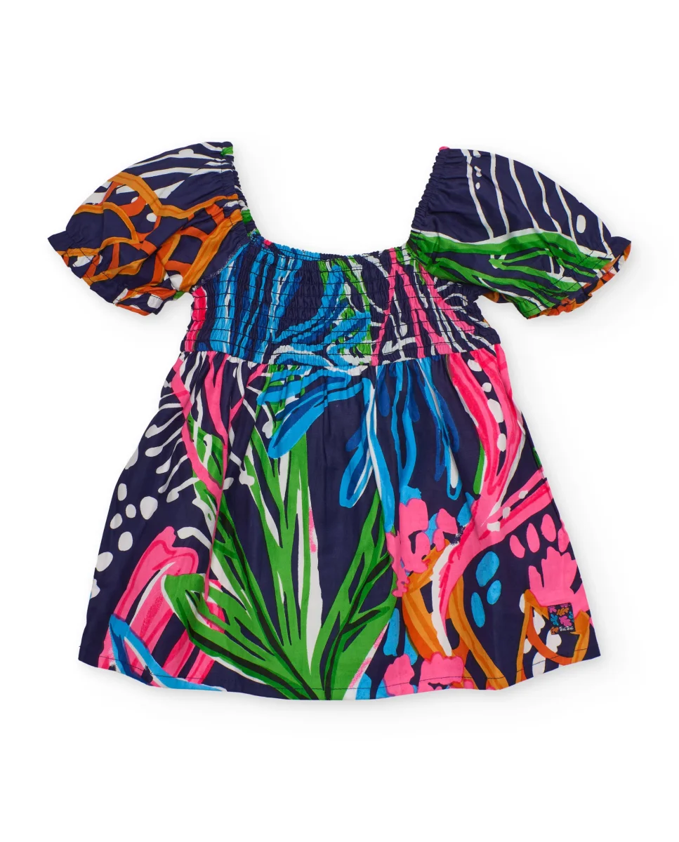 Vestido de niña de plana y fruncido elástico