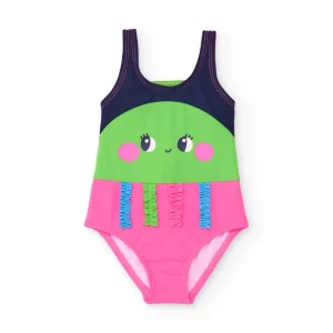 Bañador de niña de punto y tiras fruncidas