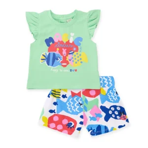 Conjunto de niña de punto y volantes en mangas