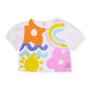 Camiseta de niña de punto y mangas fruncidas