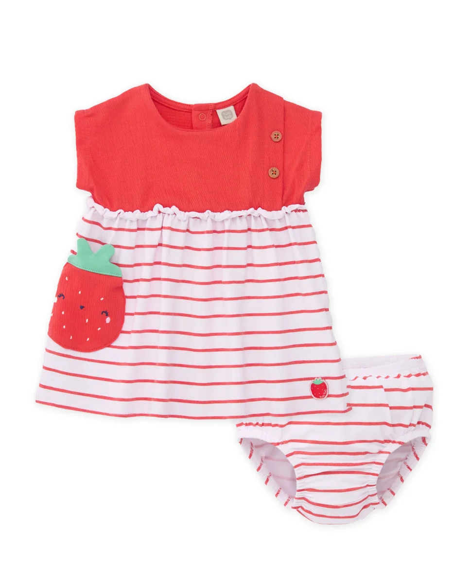 Vestido de recién nacido de punto y bolsillo de fresa