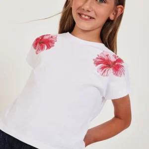 Camiseta de niña de punto con flores decorativas