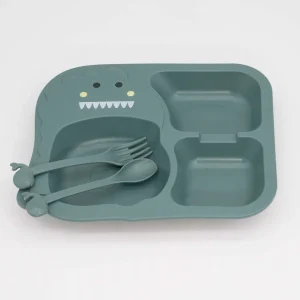 Plato Dinosaurio con cuchara y tenedor verde oscuro