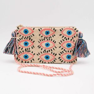 Bolso bordado a mano con hilo - Ojos Beige y asa rosa (Perú)