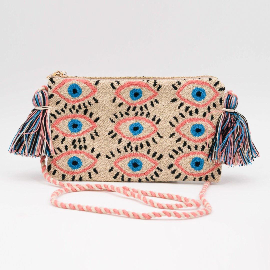 Bolso bordado a mano con hilo - Ojos Beige y asa rosa (Perú)