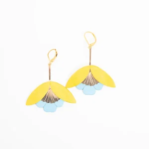 Pendientes de diseño boho Ginko Flower amarillo y azul - Chenoha Studio (Francia)