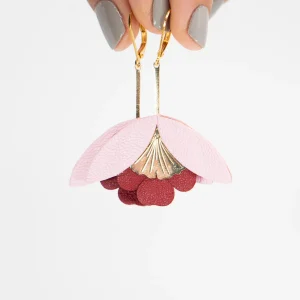 Pendientes de diseño boho Ginko Flower rosa y rojo - Chenoha Studio (Francia)
