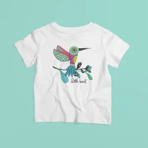 Camiseta para niños ilustrada por Juanita Pinta - Alebrije colibrí turquesa
