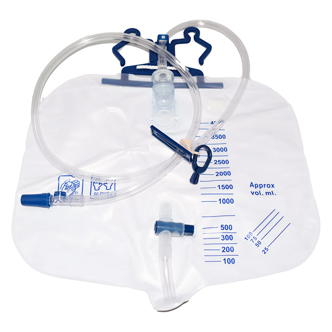 Bolsa de Drenaje Urinario de Lujo Desechable 2000mL | Con Válvula Antirreflujo y Tubo Largo | Marca 4Hospitals | Para Adultos | Estéril - Imagen 2