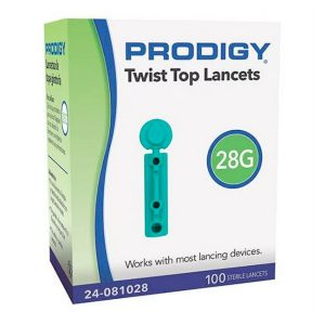 Lancetas estériles Prodigy Twist Top calibre 28 paquete de 100