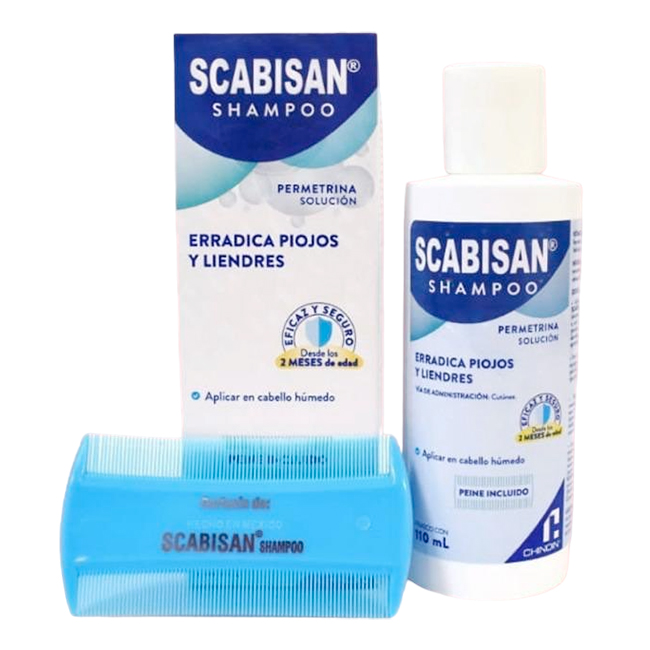 Shampoo Scabisan Permetrina solución 110ml Erradica Piojos y Liendres - Imagen 2