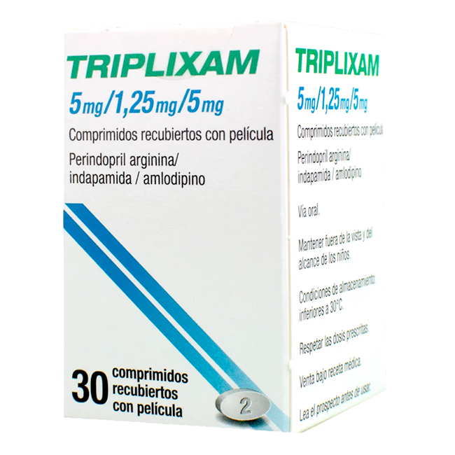 Triplixam 5mg/1.25mg/5mg Perindopril Arginina Indapamida Amlodipino - Imagen 2
