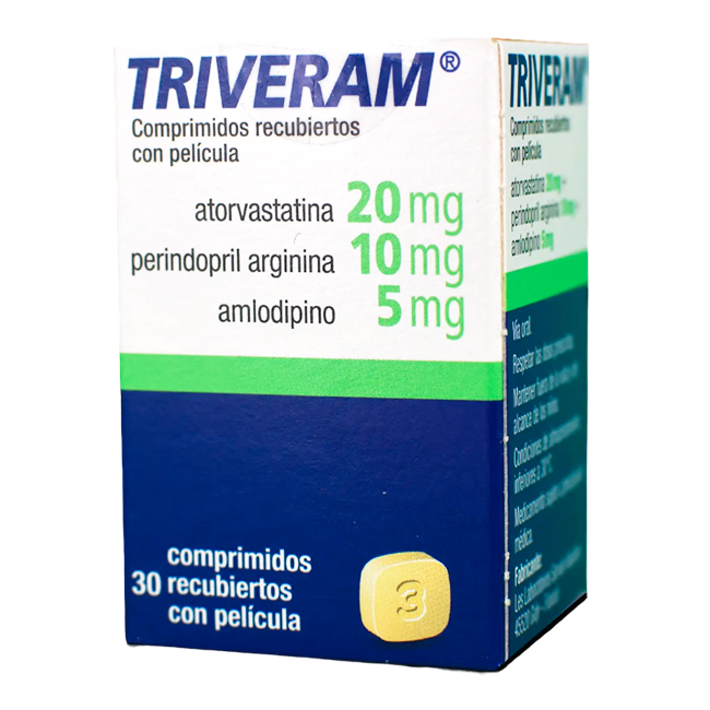 Triveram 20mg/10mg/5mg Atorvastatina Perindopril Arginina Amlodipino - Imagen 2